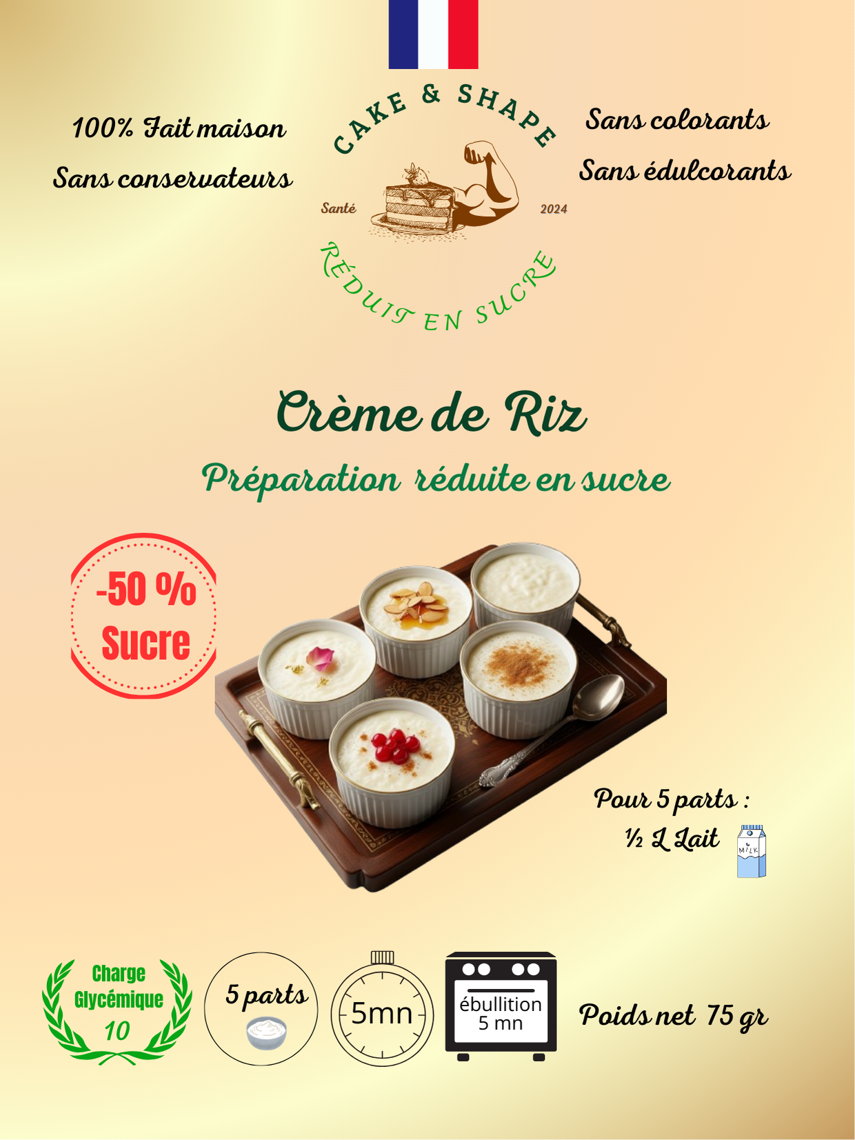 Lot de 3 Paquets de préparations de crème de riz réduites en sucre Cake and Shape