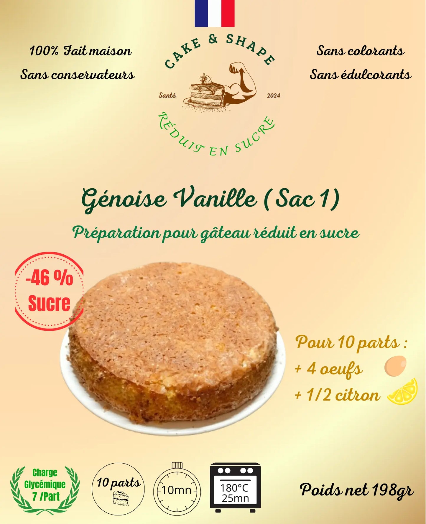 Lot de 3 Paquets de préparations de génoise à la vanille réduites en sucre Cake and Shape