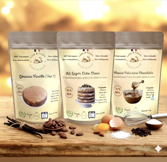 Kit de préparation en poudre pour un Layer Cake réduit en sucre_ Génoise, Crème choco et topping inclus Cake and Shape
