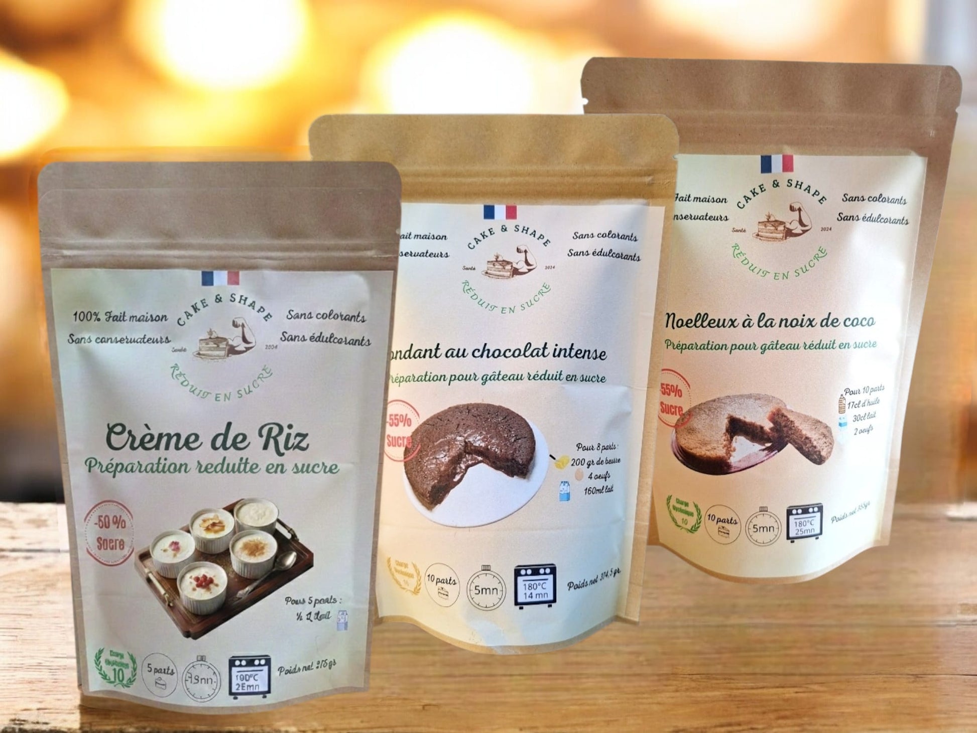 Pack Gourmand (3 Préparations) Réduit en Sucre : Fondant chocolat, Crème de Riz, Moelleux Noix de Coco Cake and Shape