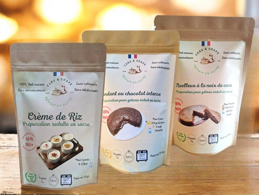 Pack Gourmand (3 Préparations) Réduit en Sucre : Fondant chocolat, Crème de Riz, Moelleux Noix de Coco Cake and Shape