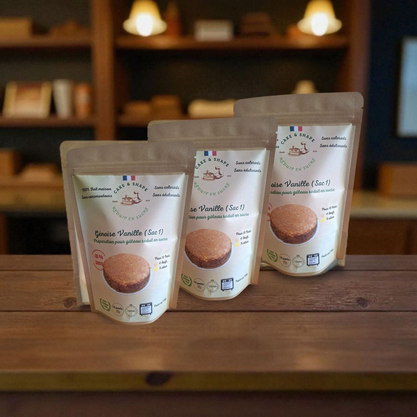 Lot de 3 Paquets de préparations de génoise à la vanille réduites en sucre Cake and Shape